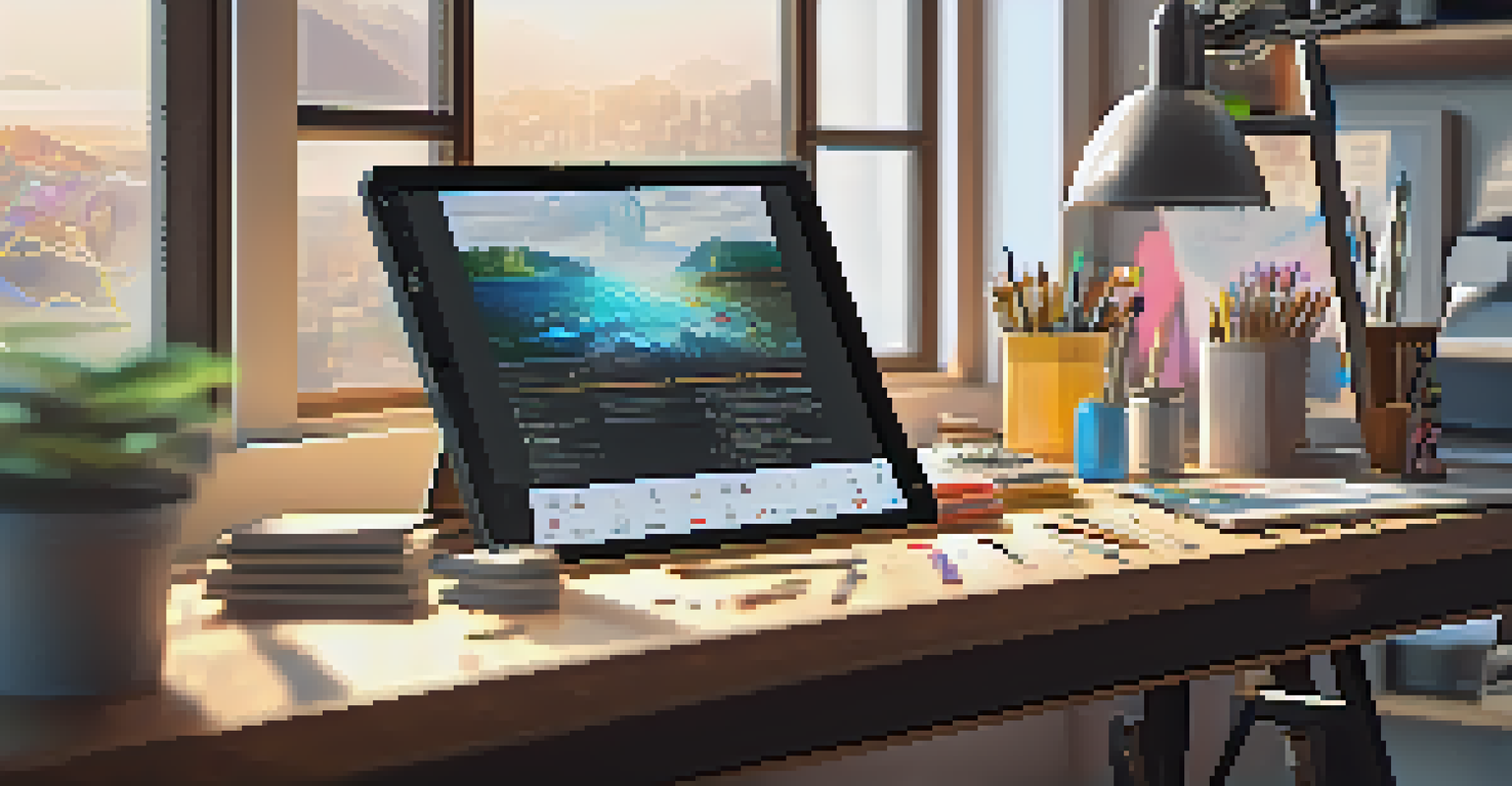 An artist's workspace with a digital tablet and tools, displaying an NFT artwork in progress.