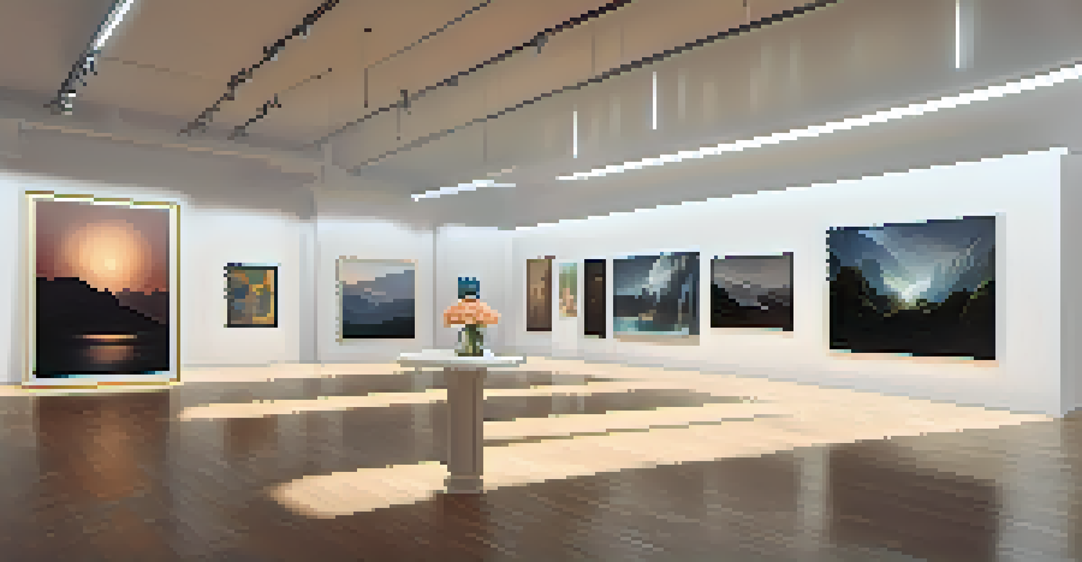 A virtual gallery showcasing diverse NFTs with unique frames, illuminated by soft ambient lighting in a minimalist design.
