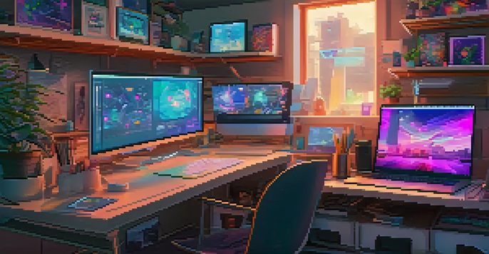 A digital artist's workspace filled with gadgets and a vibrant digital canvas showing NFTs, illuminated by soft ambient lighting.