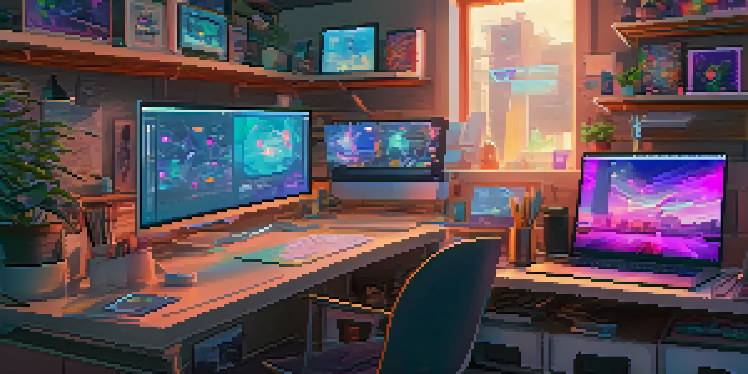 A digital artist's workspace filled with gadgets and a vibrant digital canvas showing NFTs, illuminated by soft ambient lighting.