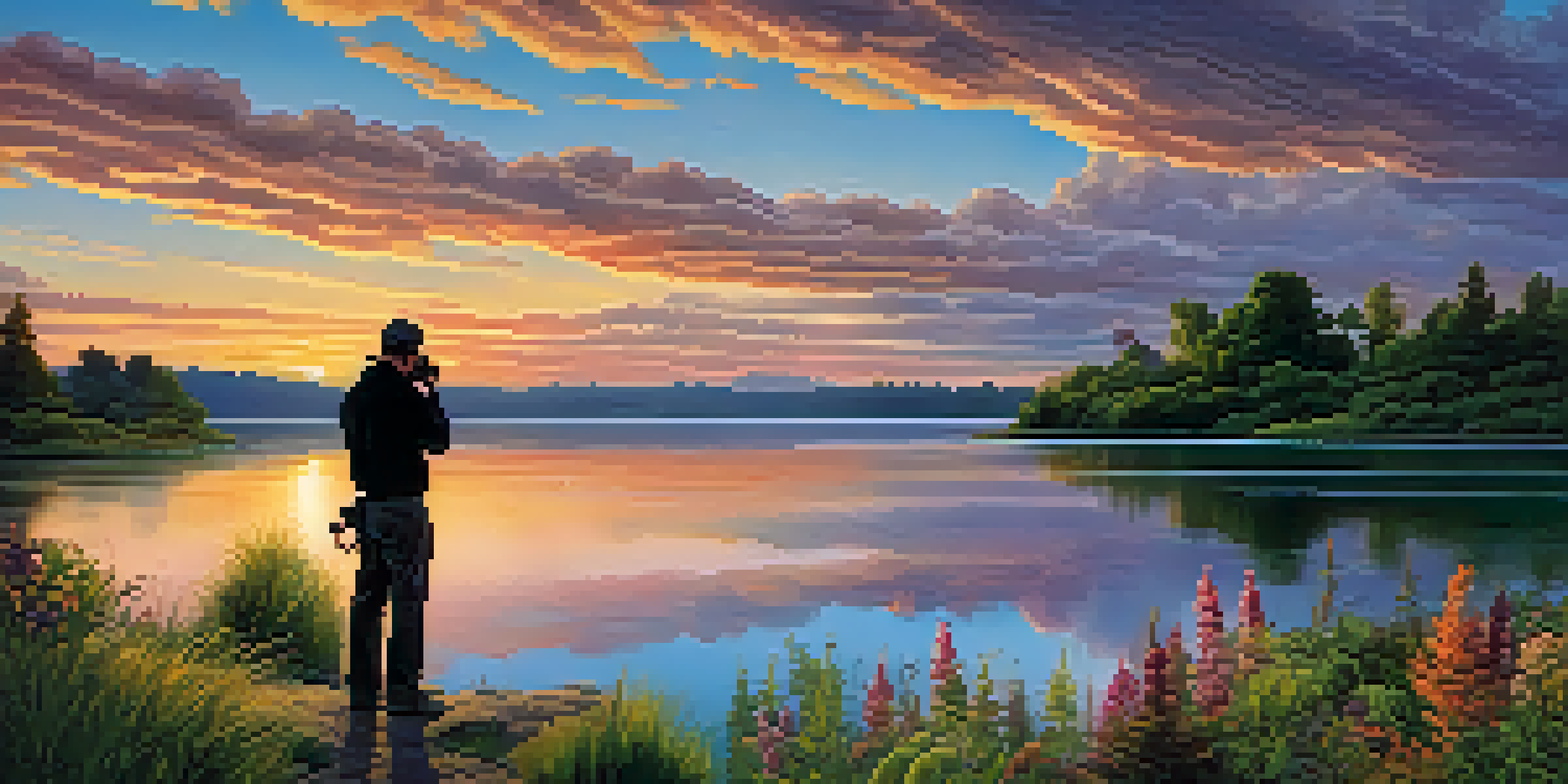 A silhouette of a photographer stands by a lake at sunset, capturing the colorful sky reflecting on the water.