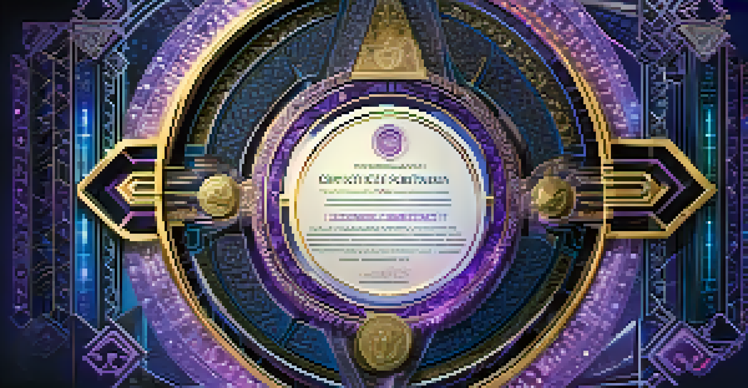 A glowing NFT certificate in the center, surrounded by intricate patterns and symbols, set against a deep blue and purple futuristic background.