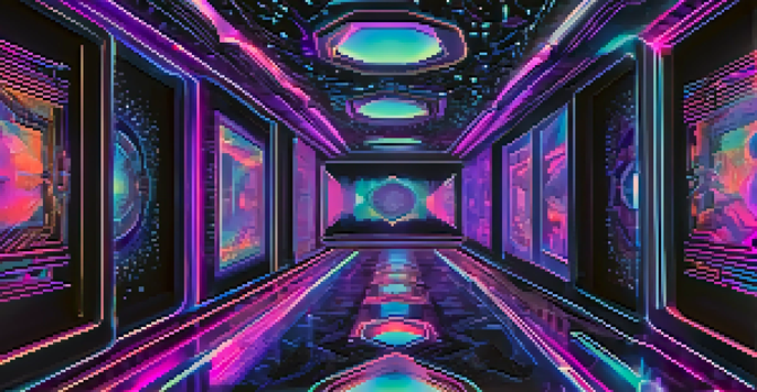 A close-up view of a colorful digital artwork depicting a non-fungible token displayed on a holographic screen with a dark, illuminated background.