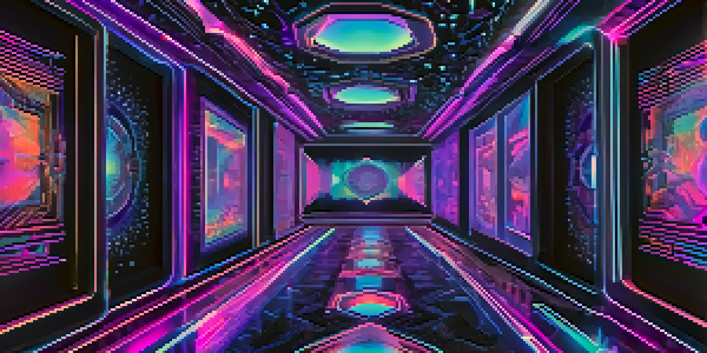 A close-up view of a colorful digital artwork depicting a non-fungible token displayed on a holographic screen with a dark, illuminated background.