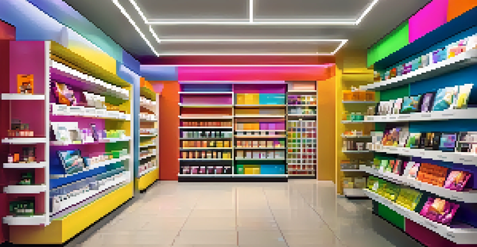 A retail store with shoppers using smartphones to interact with augmented reality displays, surrounded by colorful product shelves.