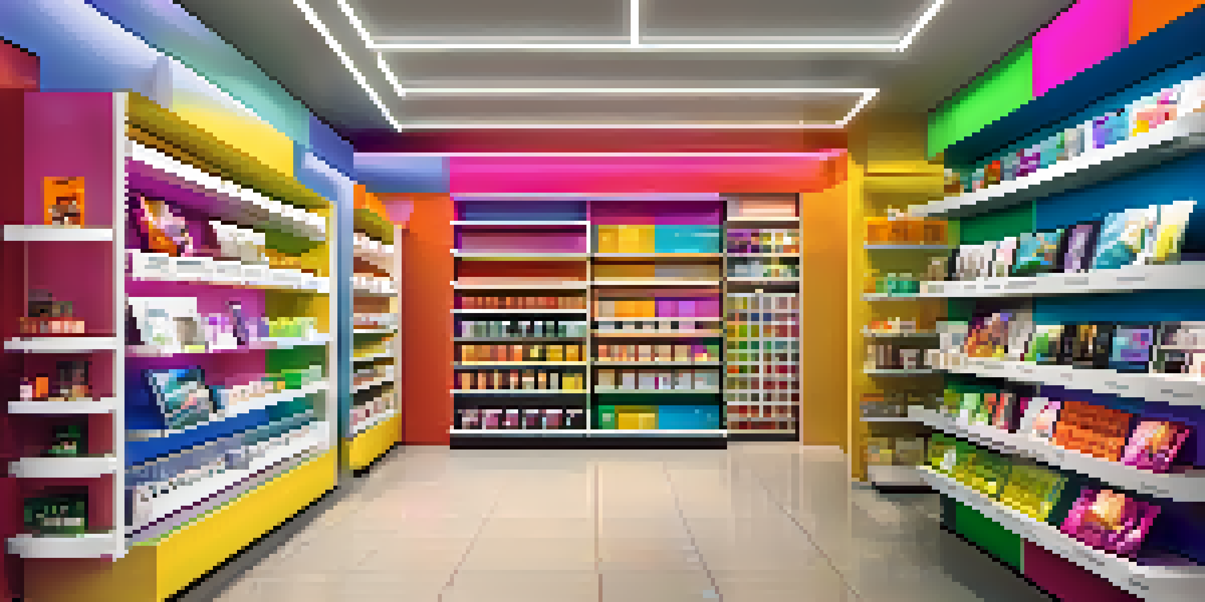 A retail store with shoppers using smartphones to interact with augmented reality displays, surrounded by colorful product shelves.