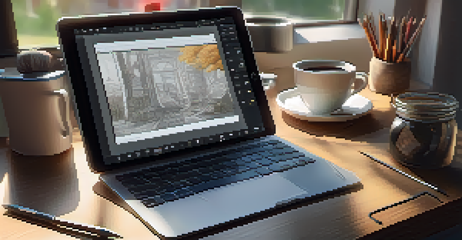 An artist's workspace with a digital tablet showing NFT art, surrounded by art supplies and natural light.