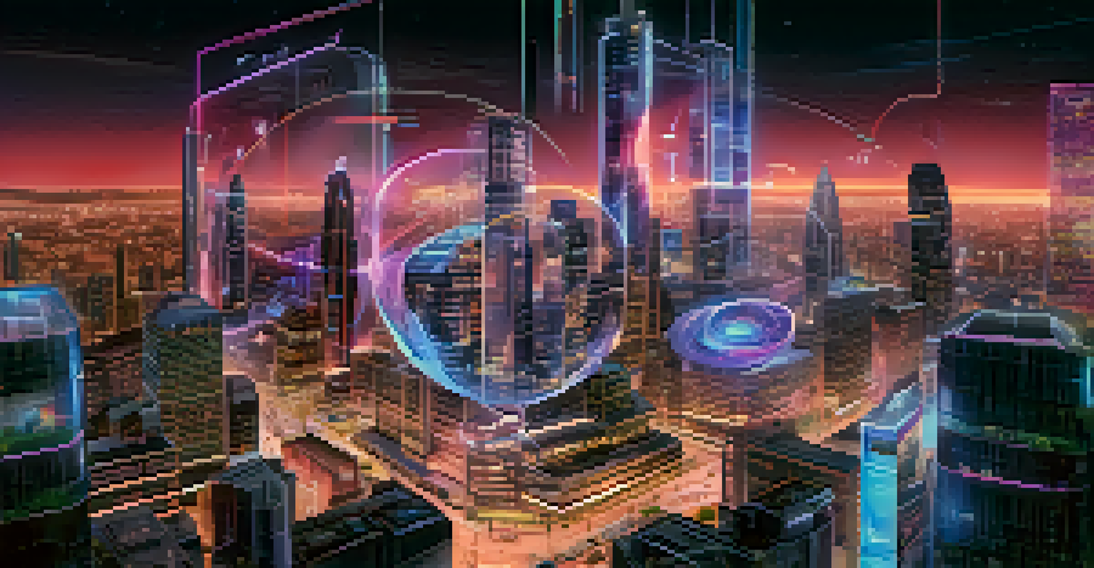 A futuristic city with digital twins of buildings and augmented reality interfaces for virtual tours.