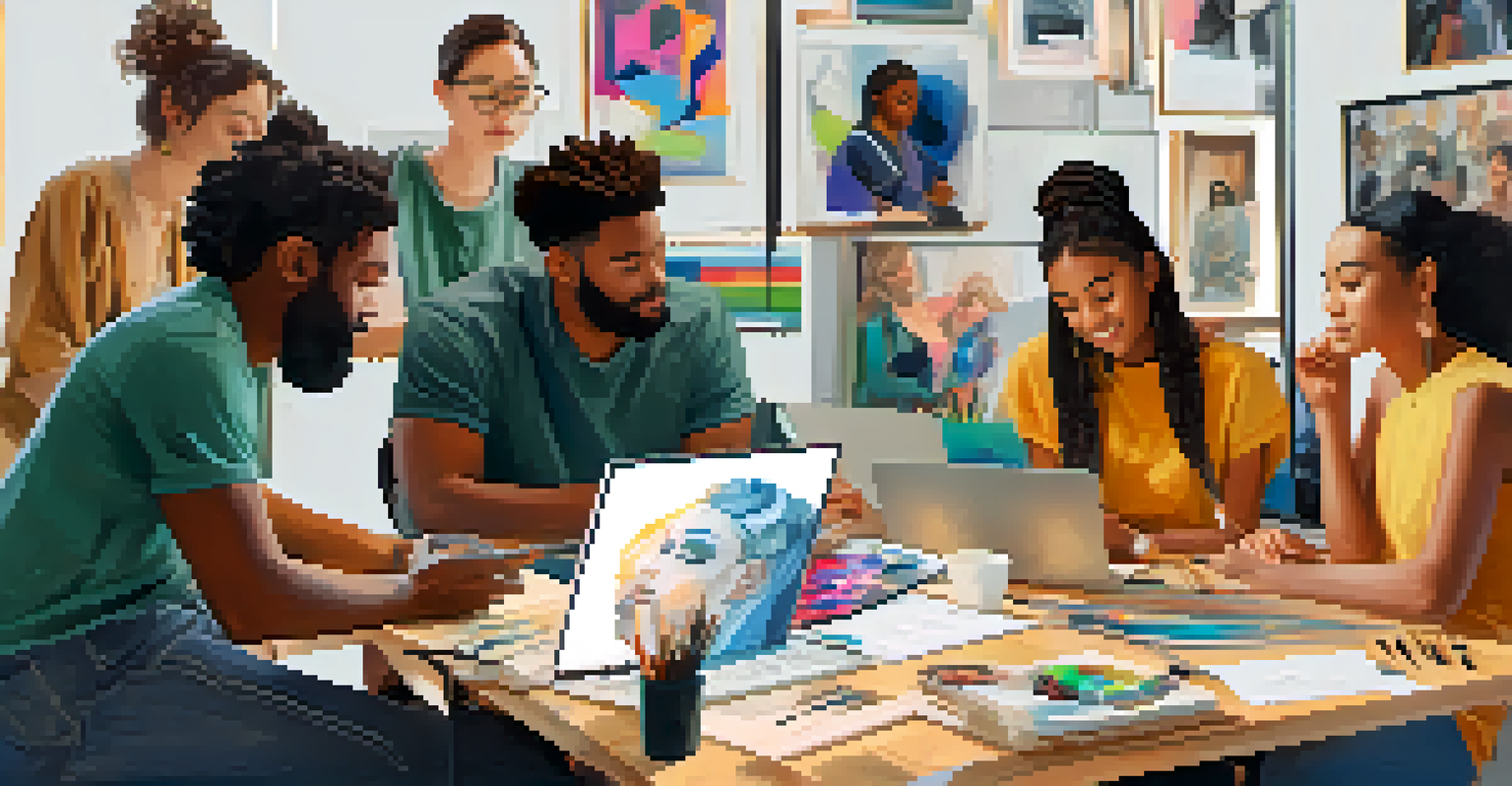 A diverse group of artists collaborating in a modern studio, sharing ideas and NFT creations, surrounded by art supplies and sketches.