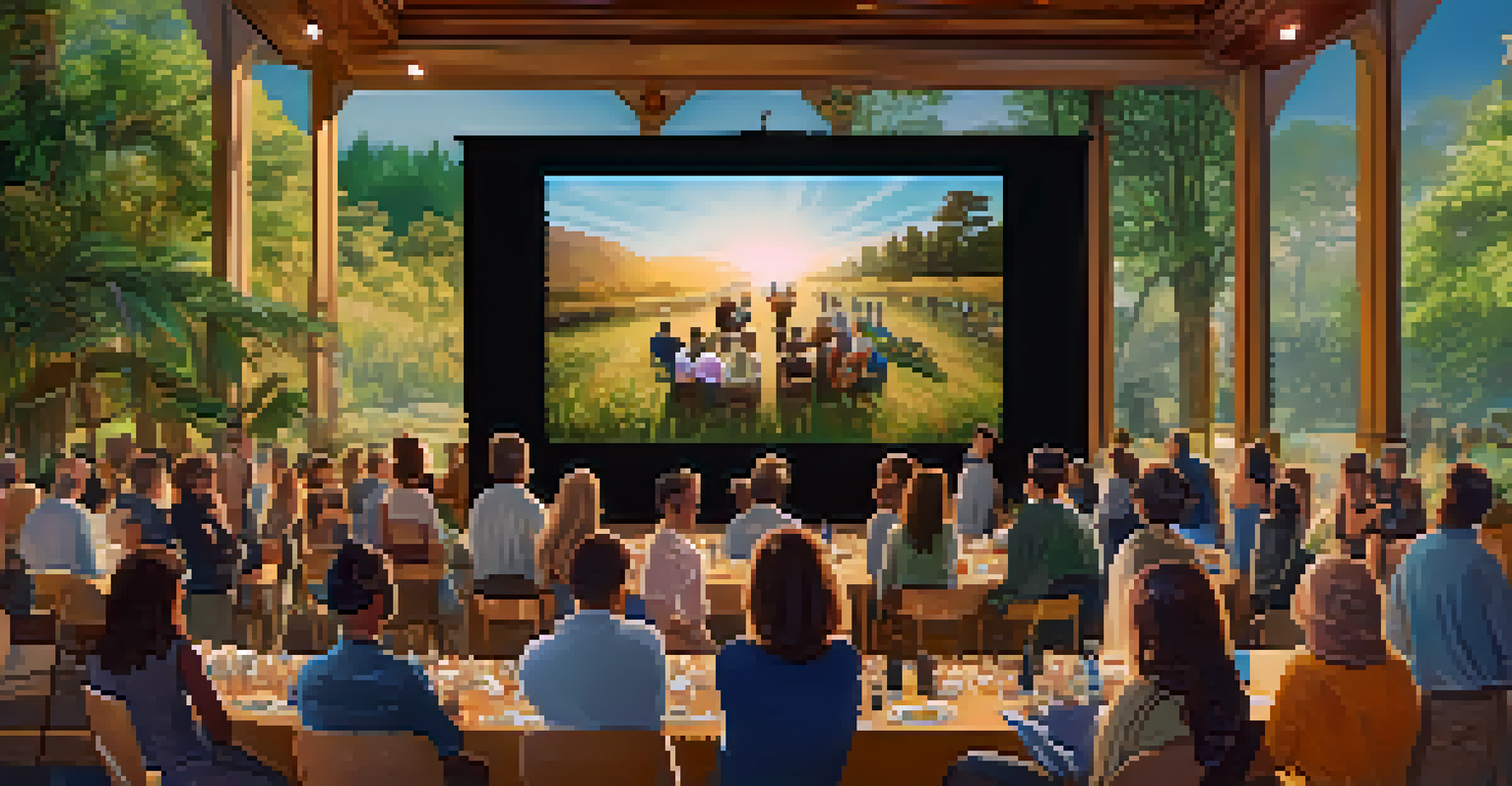 Supporters at a non-profit fundraiser event, engaging around a digital screen displaying wildlife NFTs, creating a lively atmosphere.