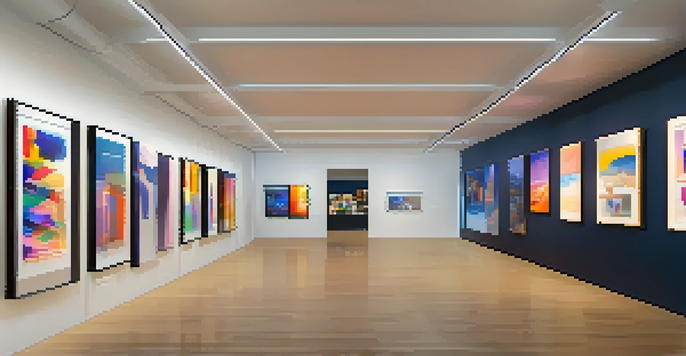 A modern digital art gallery filled with colorful NFTs on display, illuminated by soft lighting, with people admiring the art.
