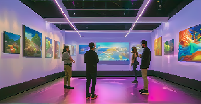 A virtual reality art gallery filled with floating sculptures and colorful displays, with visitors interacting with the artworks.
