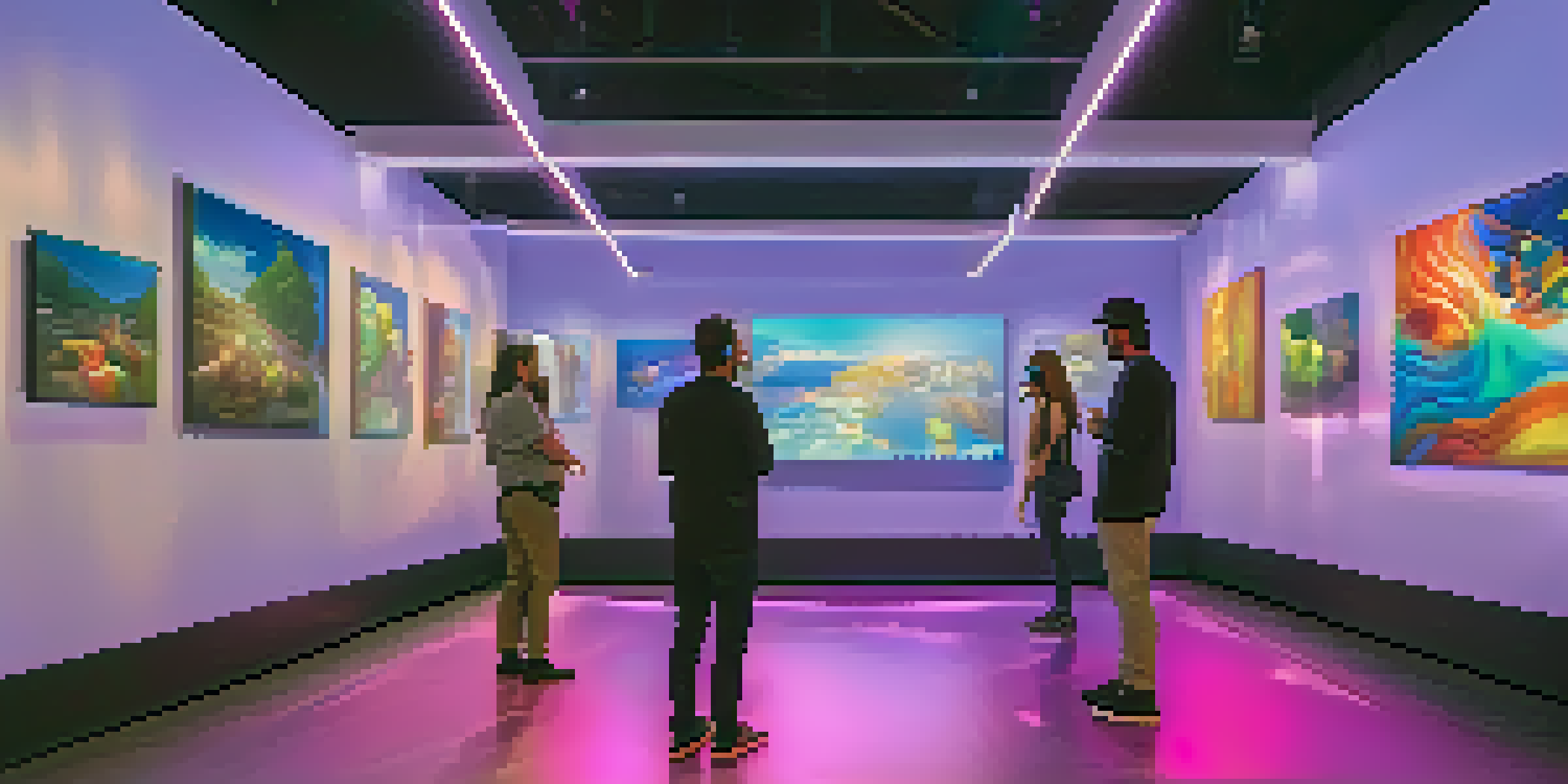 A virtual reality art gallery filled with floating sculptures and colorful displays, with visitors interacting with the artworks.