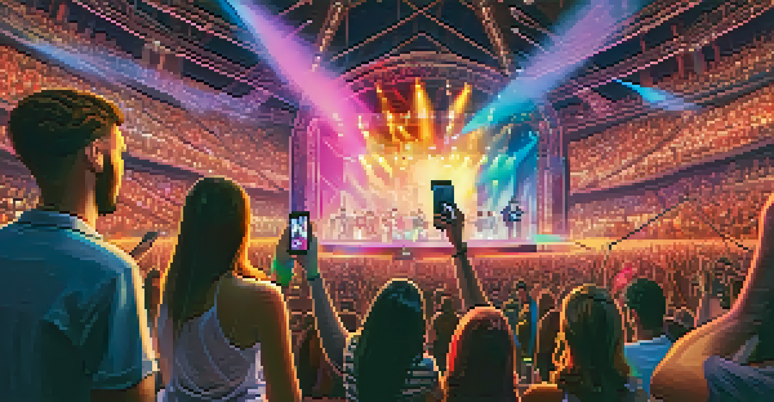 A virtual concert scene with fans interacting with NFT tickets on their devices, colorful lights illuminating the stage.