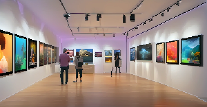 A digital art gallery filled with diverse NFT artworks, illuminated by soft ambient lighting, with visitors admiring the pieces.