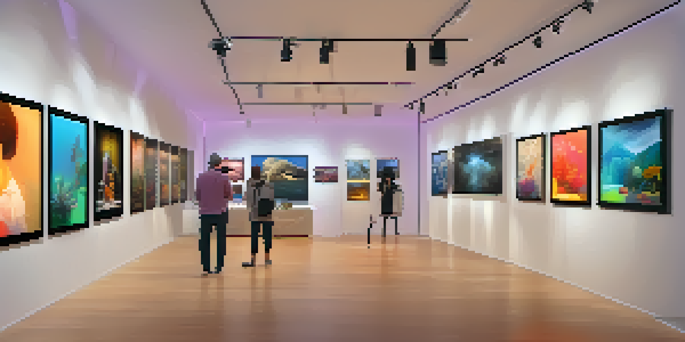 A digital art gallery filled with diverse NFT artworks, illuminated by soft ambient lighting, with visitors admiring the pieces.