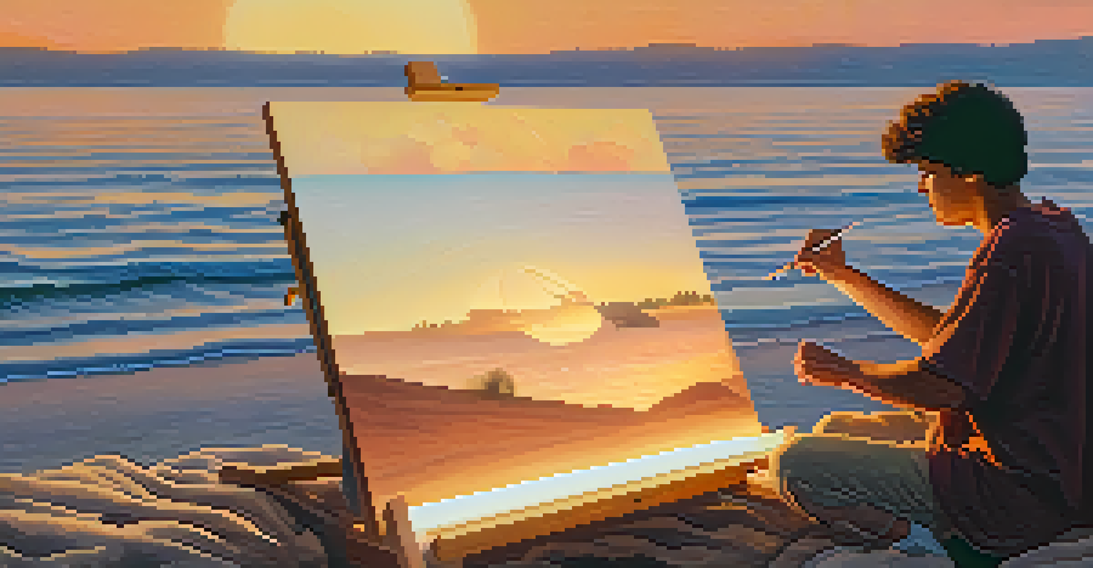 An artist painting outdoors with ethereal NFTs floating around them, illuminated by the warm tones of a setting sun.