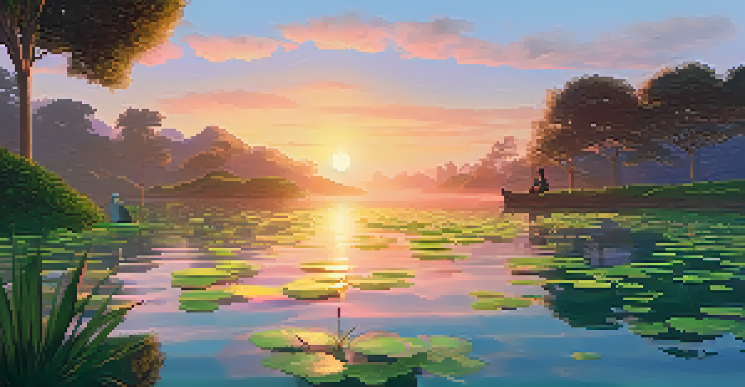 A player interacting with their unique NFT in a peaceful digital landscape at sunset.