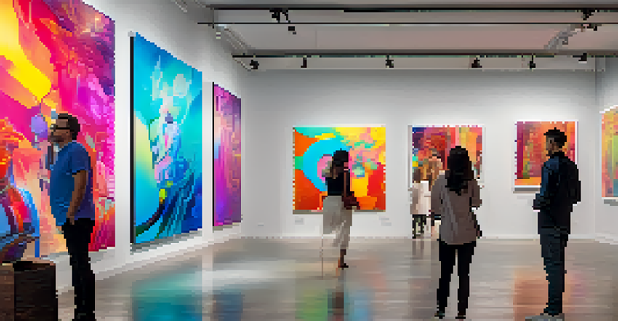 A modern art gallery filled with people admiring colorful digital artworks, illuminated by soft ambient lighting.