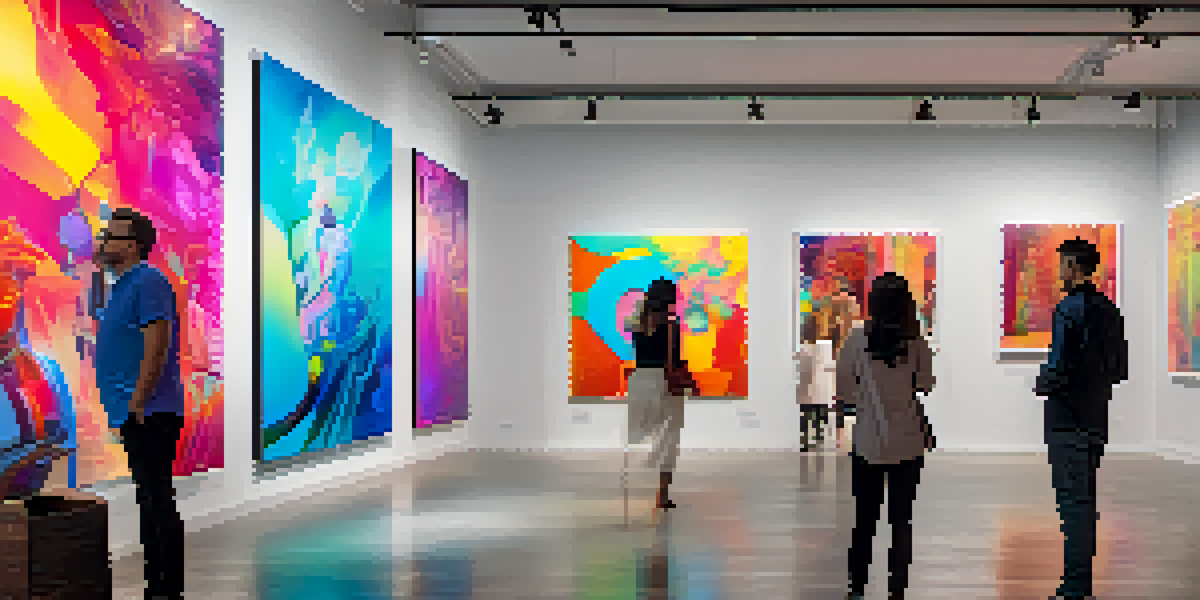 A modern art gallery filled with people admiring colorful digital artworks, illuminated by soft ambient lighting.
