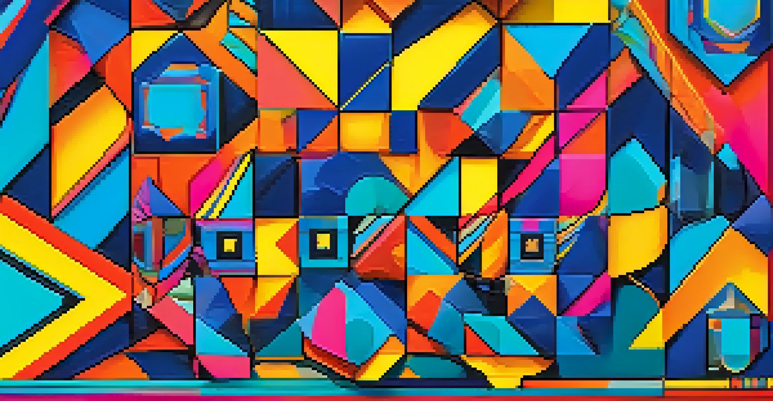 A detailed view of a colorful NFT artwork showcasing geometric patterns in a modern art gallery setting.