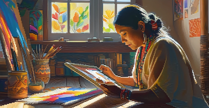 An Indigenous artist in traditional attire creating digital art in a sunlit studio, surrounded by colorful artwork and cultural artifacts.