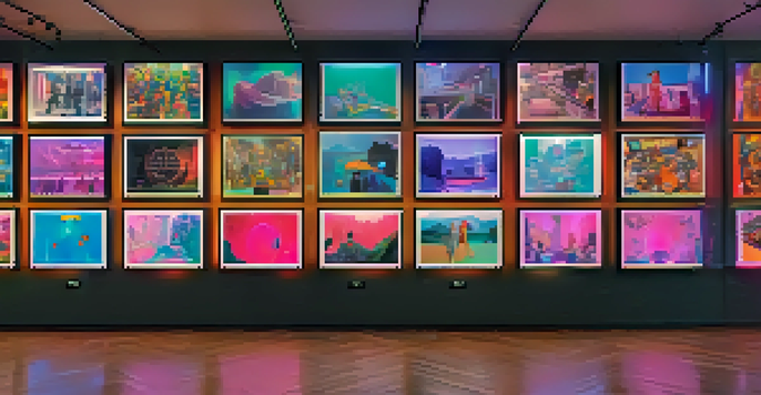 A digital art gallery with visitors admiring various colorful NFTs on screens, creating a lively atmosphere.