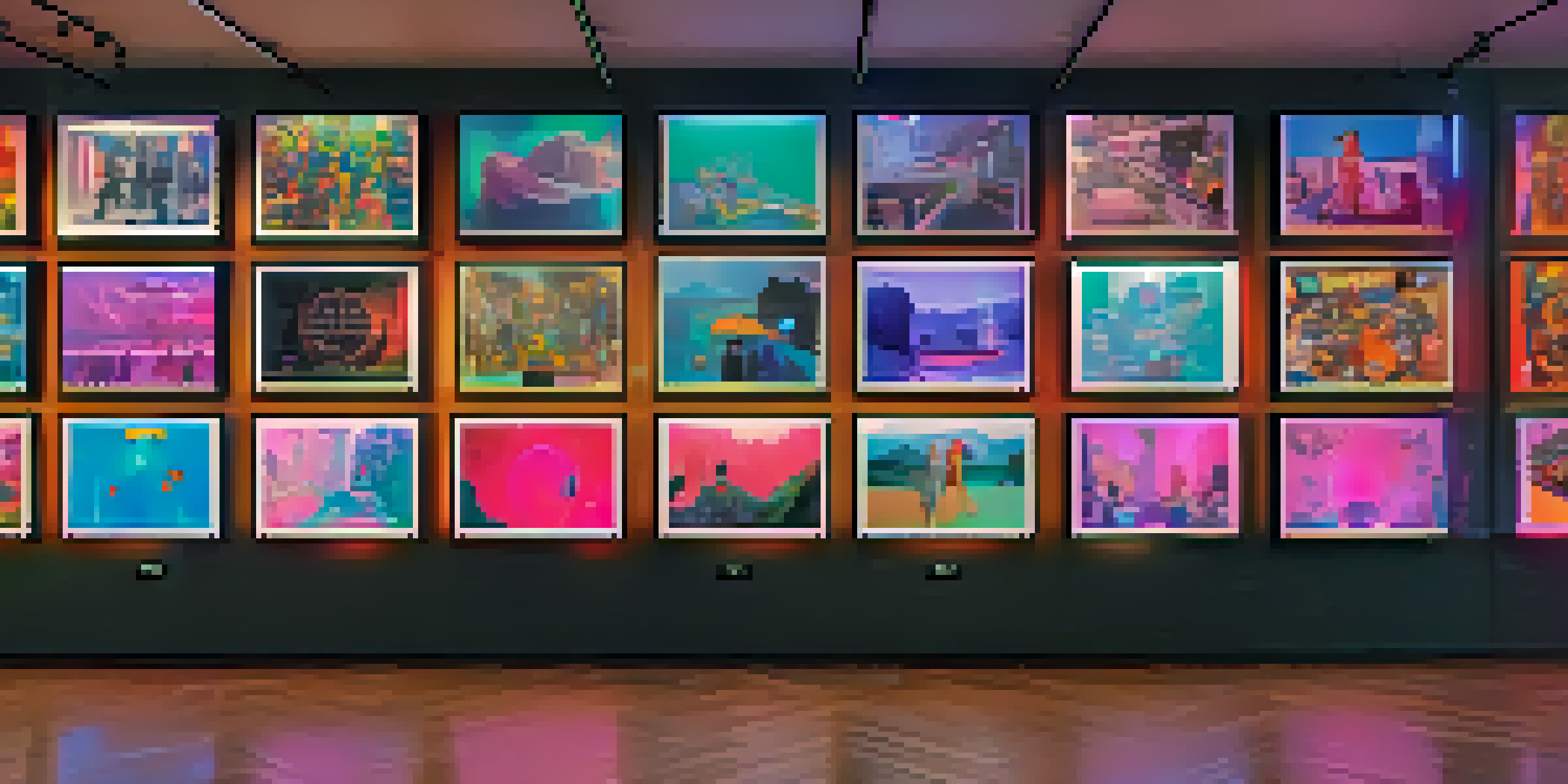 A digital art gallery with visitors admiring various colorful NFTs on screens, creating a lively atmosphere.