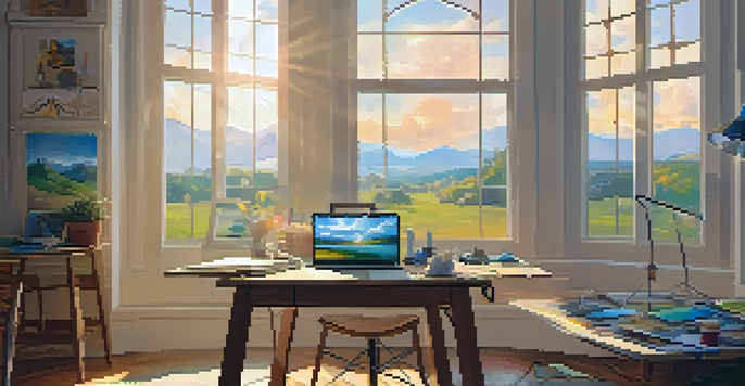 A digital artist's workspace with a colorful canvas, tablet, and natural light.