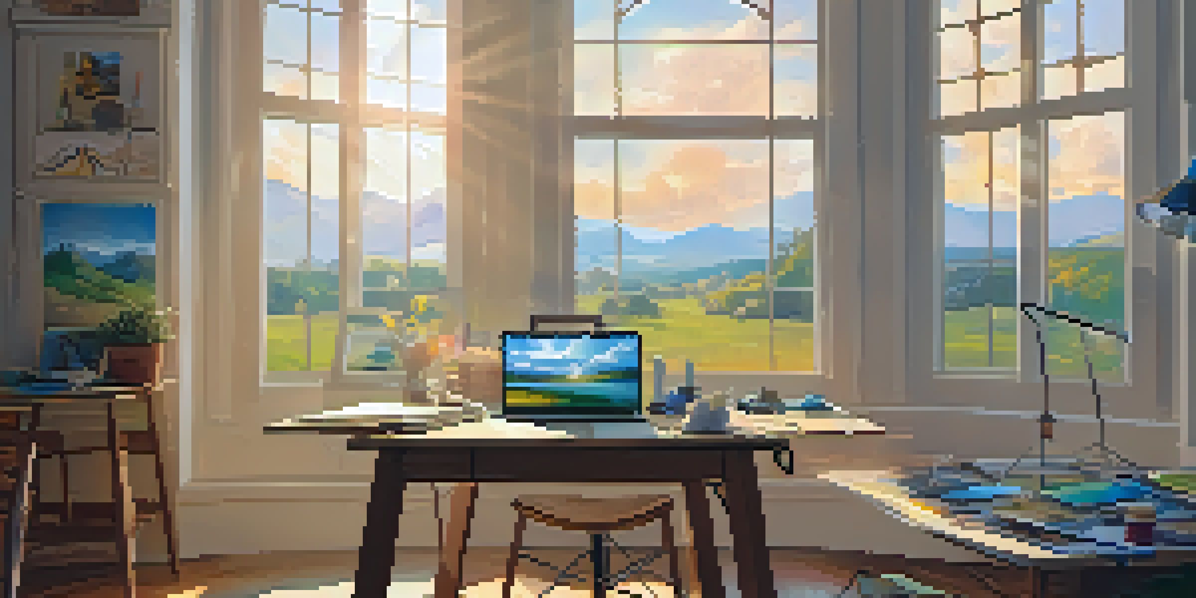 A digital artist's workspace with a colorful canvas, tablet, and natural light.