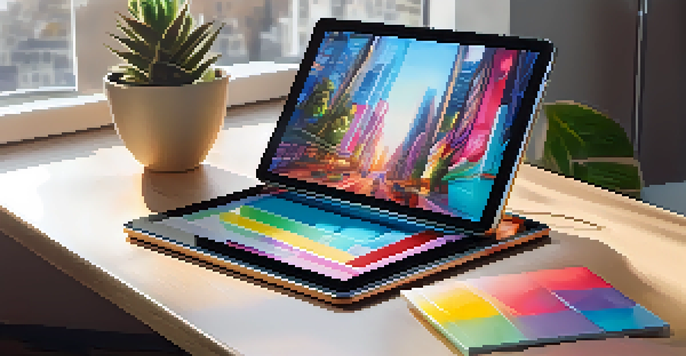 A close-up view of a digital artwork on a tablet in a well-lit workspace.