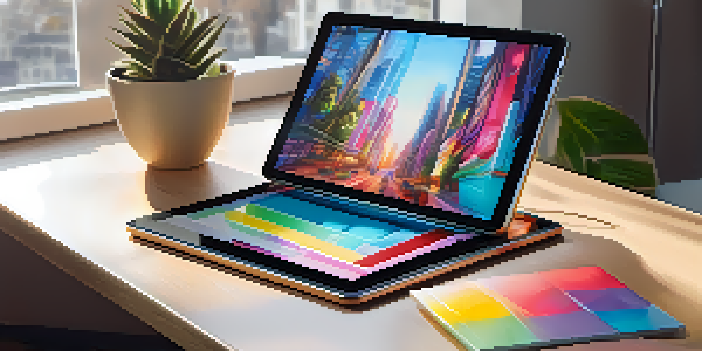 A close-up view of a digital artwork on a tablet in a well-lit workspace.