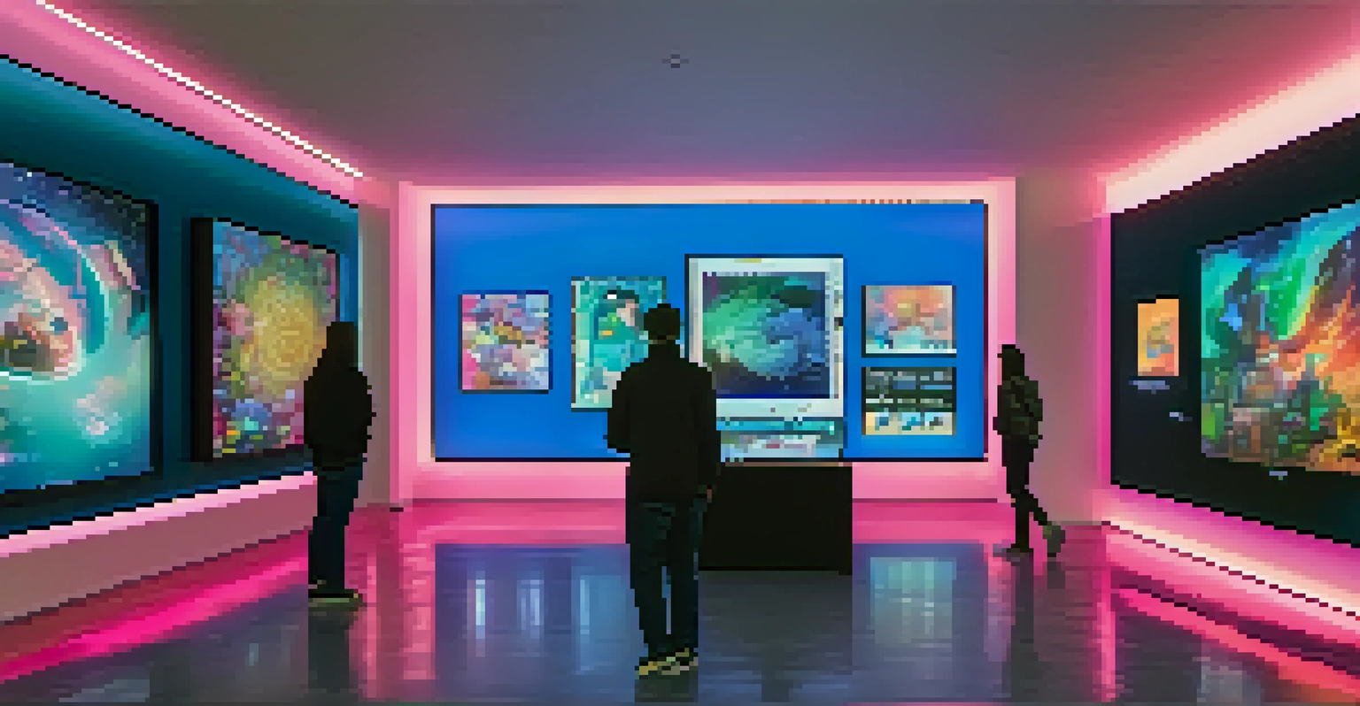A virtual gallery showcasing unique digital artworks as NFTs, illuminated with vibrant colors in a futuristic setting.