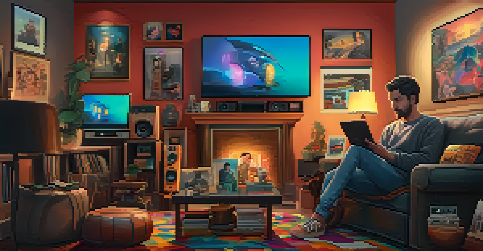 A film enthusiast showcases their NFT collection on digital devices in a cozy room filled with movie memorabilia.