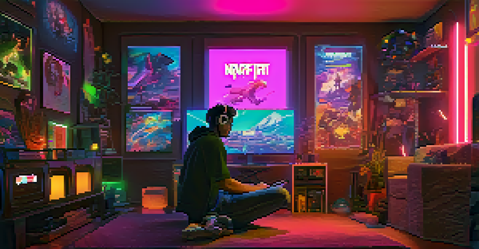A gamer in a cozy room surrounded by glowing NFTs, deeply engaged in trading digital assets on a screen.