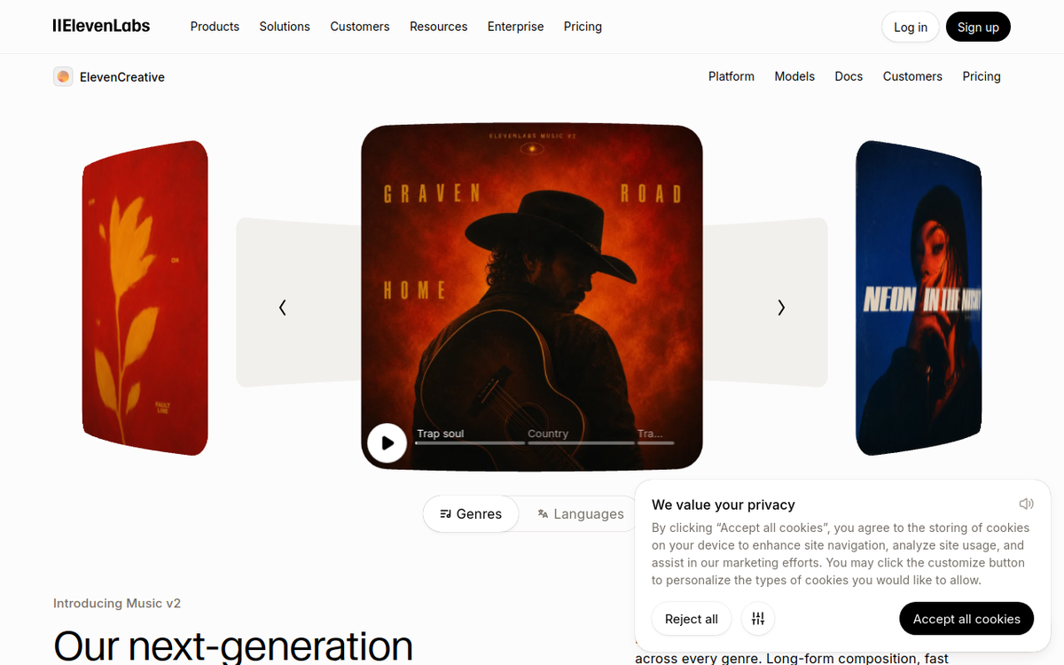 ElevenLabs Music homepage screenshot