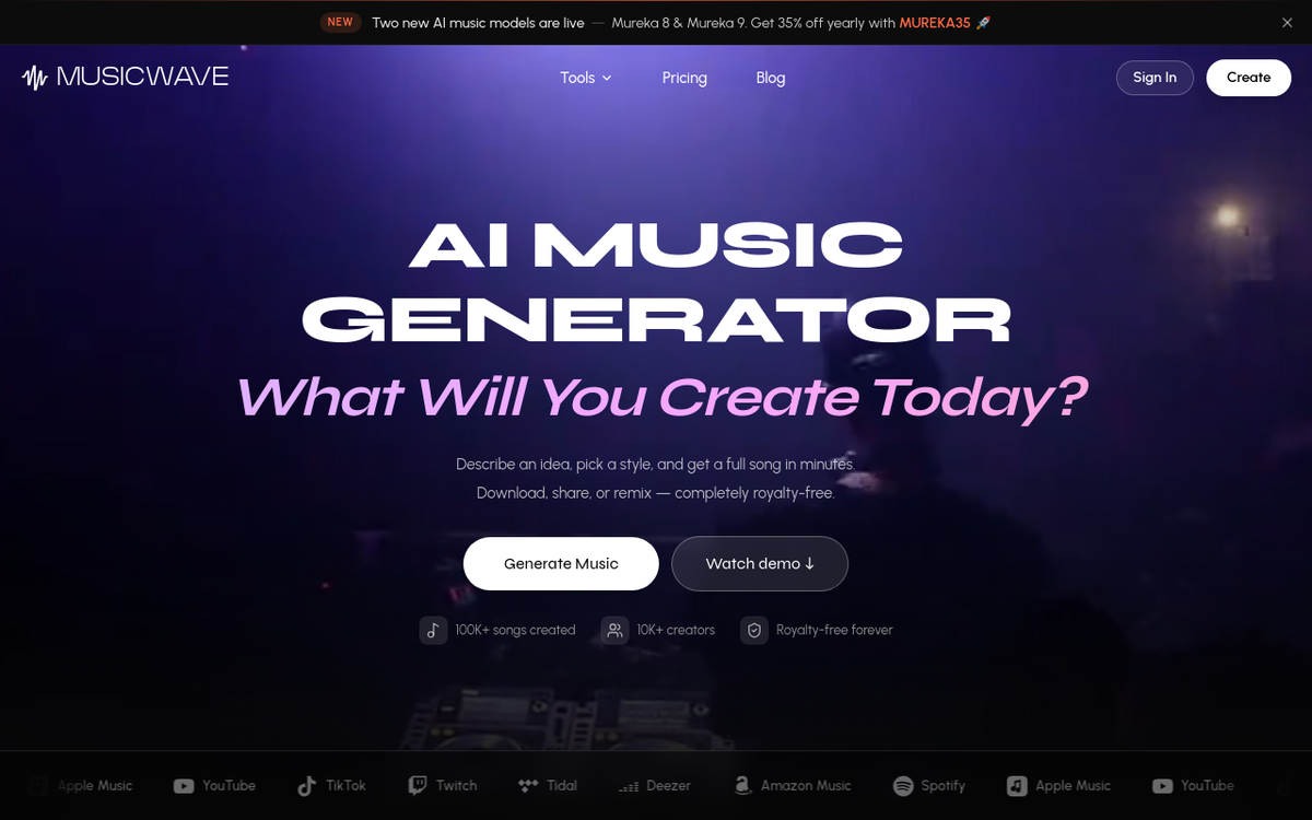 MusicWave.ai homepage screenshot