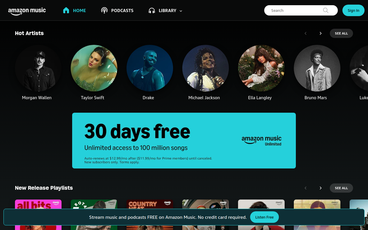 Amazon Music homepage screenshot