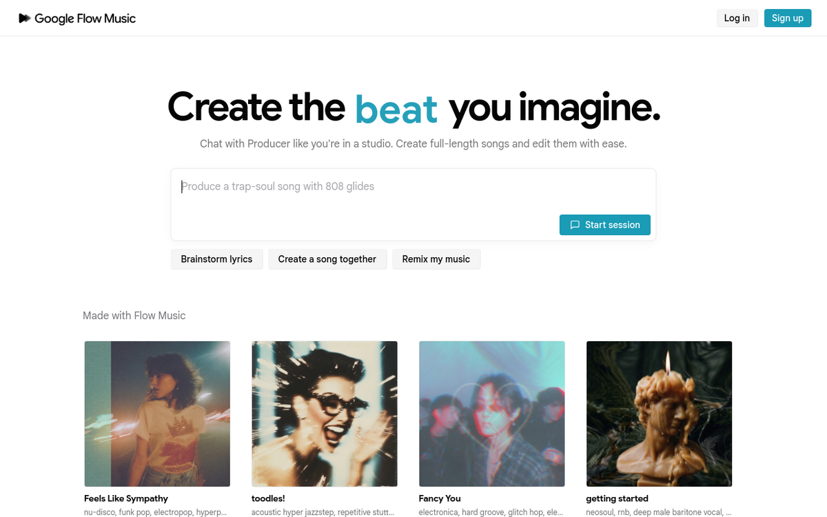 Google Flow Music homepage screenshot