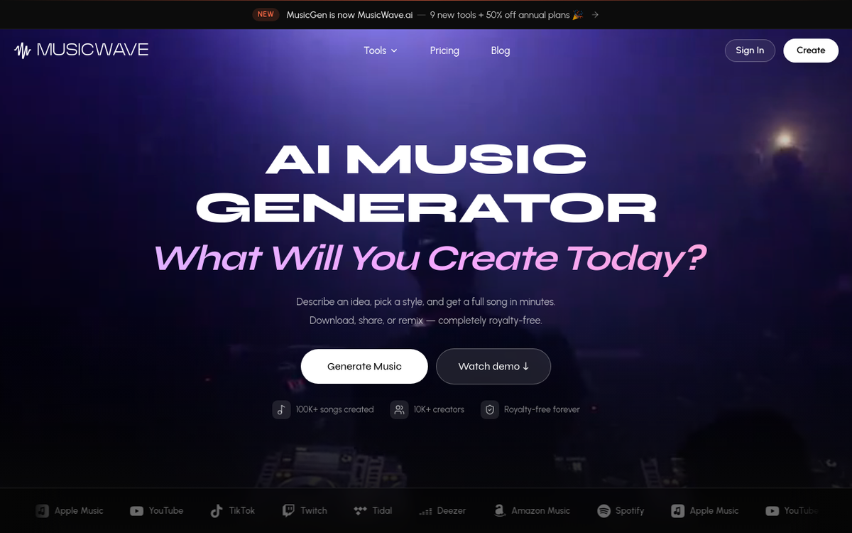 MusicWave.ai homepage screenshot