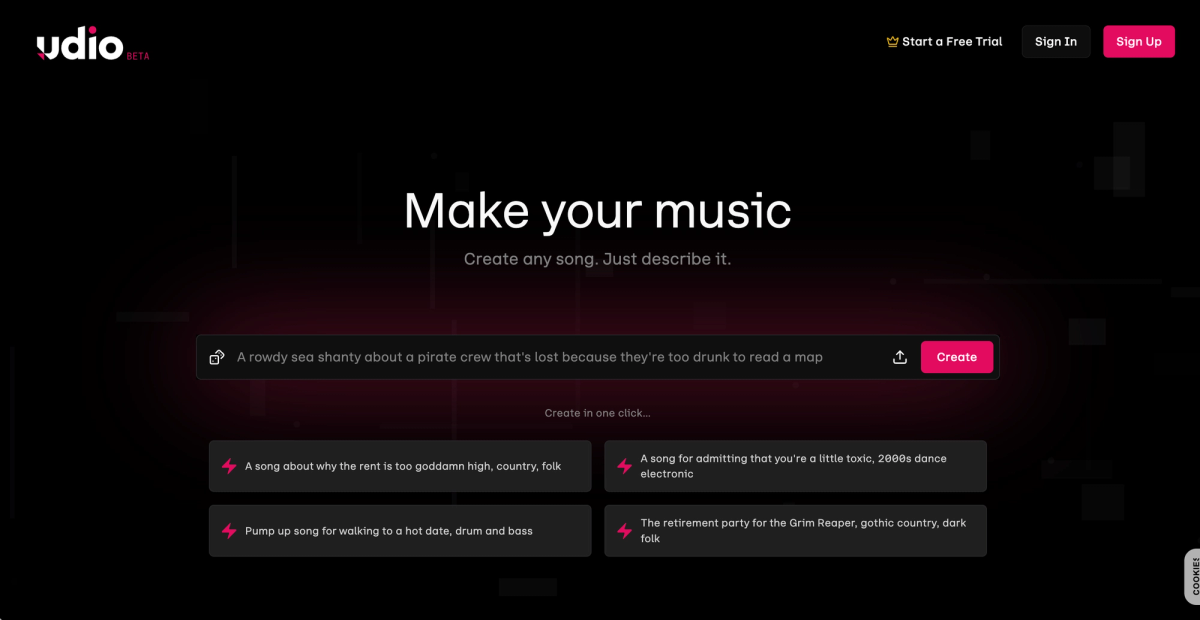 Udio homepage screenshot