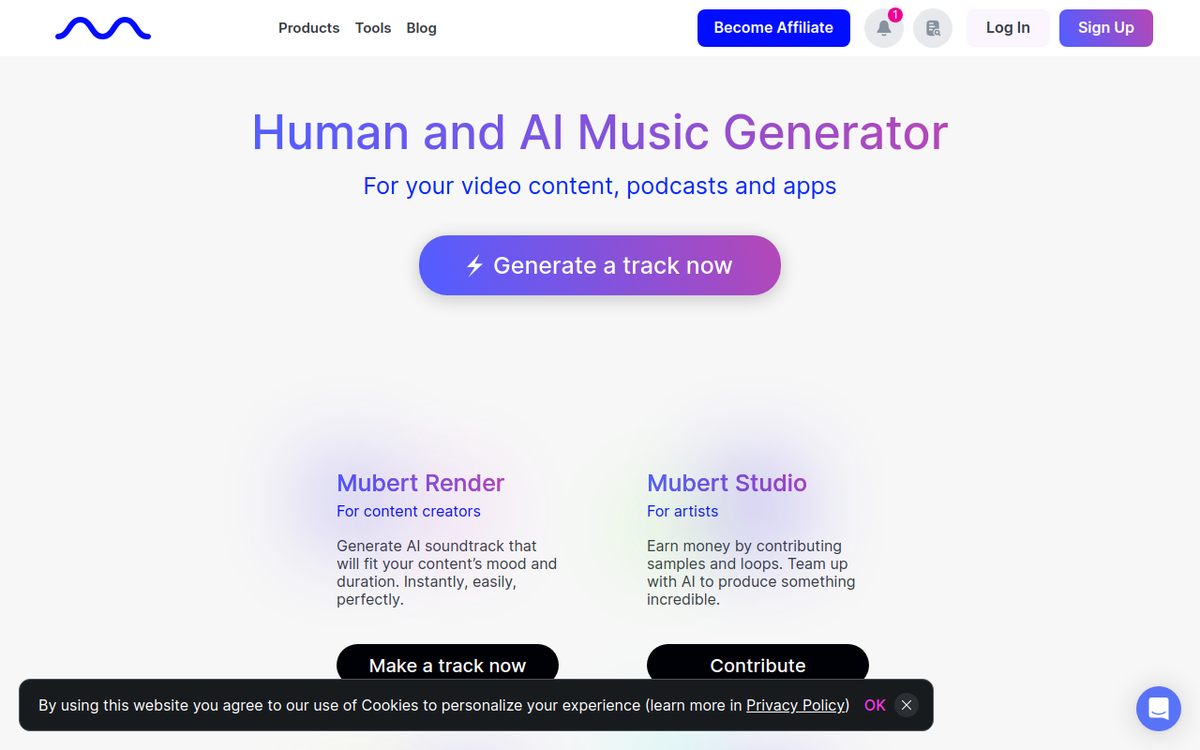 Mubert homepage screenshot