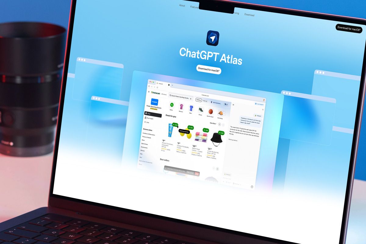 Laptop screen showing the ChatGPT Atlas browser landing page and shopping interface