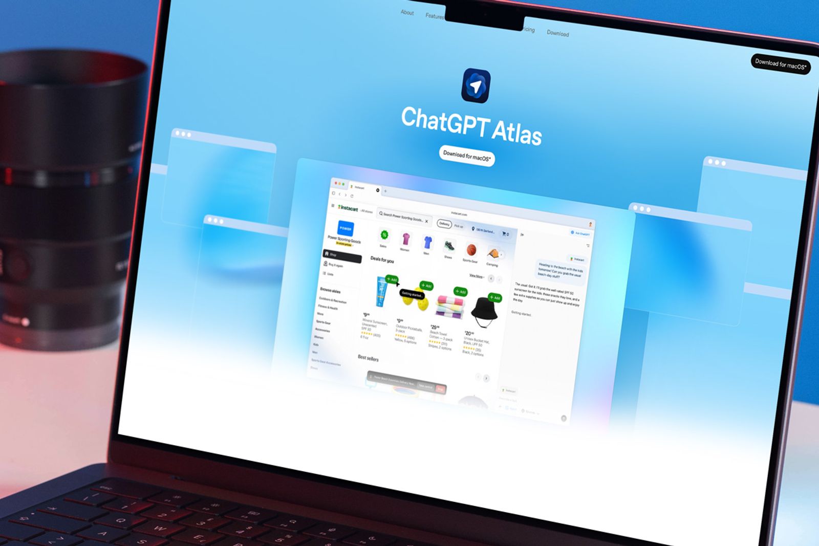 Laptop screen showing the ChatGPT Atlas browser landing page and shopping interface