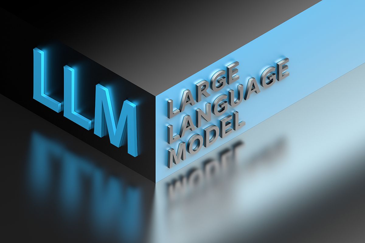 Three-dimensional LLM lettering beside the words large language model on a dark reflective surface