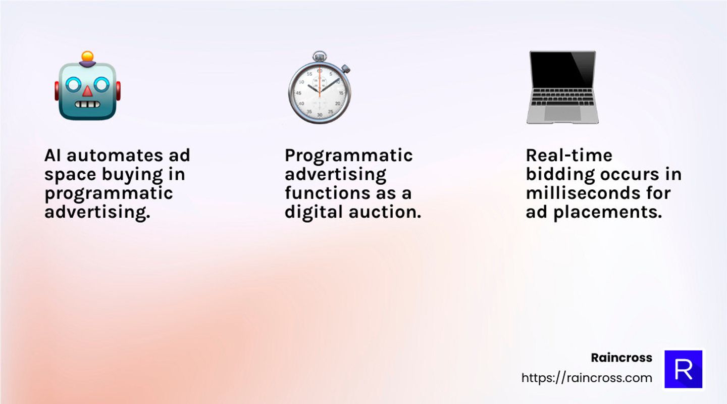 Programmatic advertising uses AI and algorithms for real-time bidding. - media buyer infographic 3_facts_emoji_light-gradient