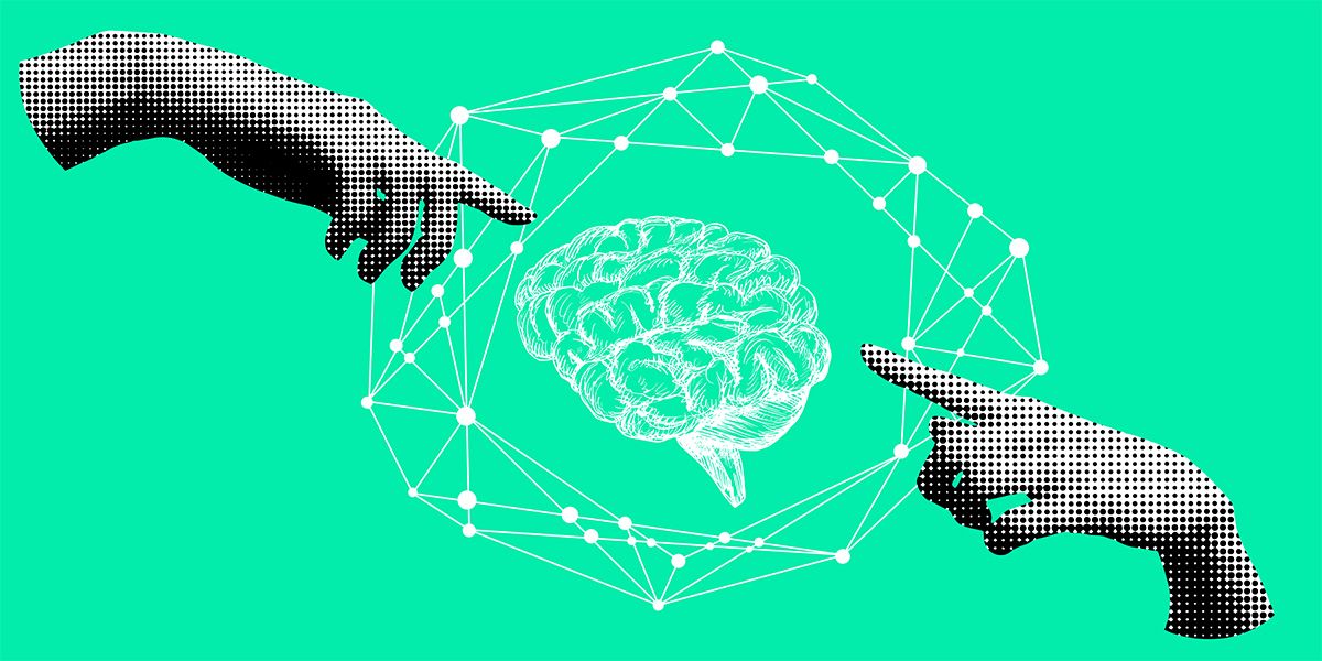 Halftone hands reaching toward an illustrated brain inside a network of connected nodes