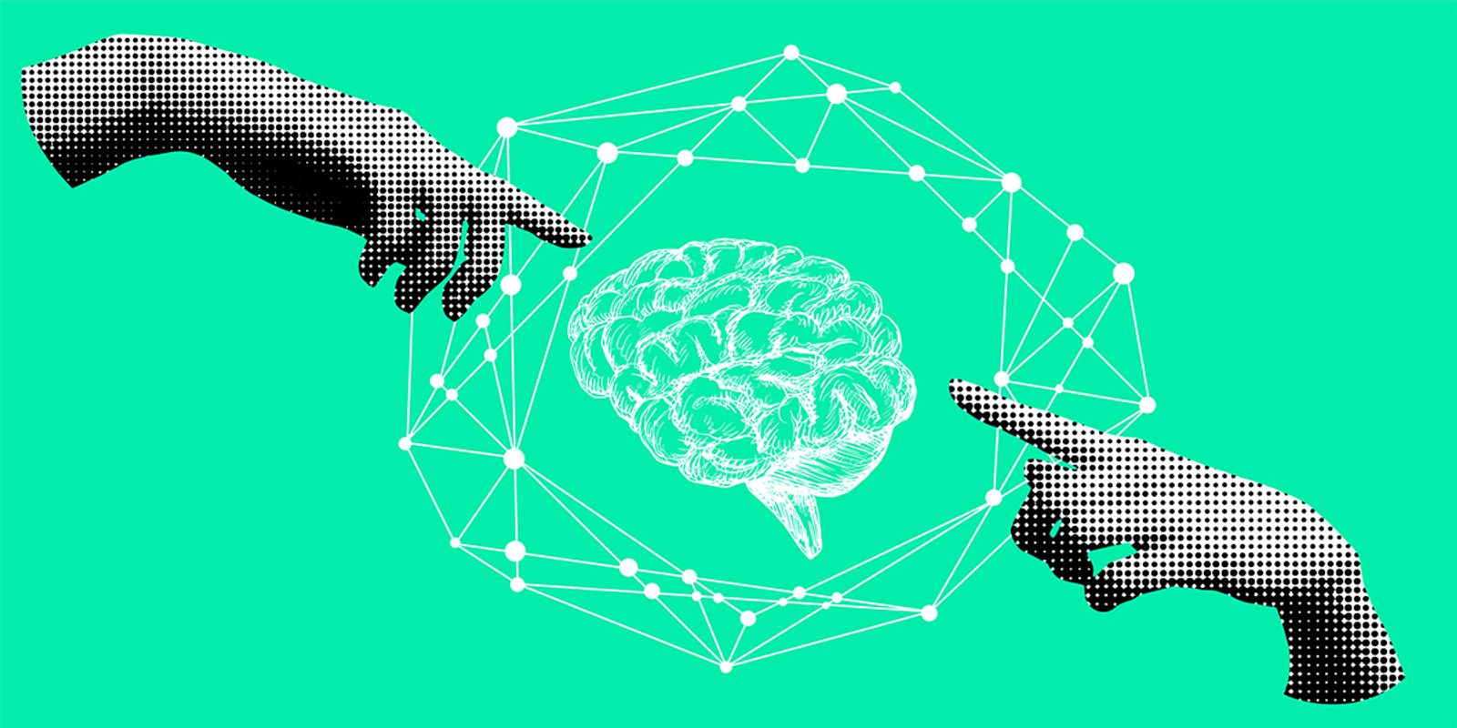 Halftone hands reaching toward an illustrated brain inside a network of connected nodes