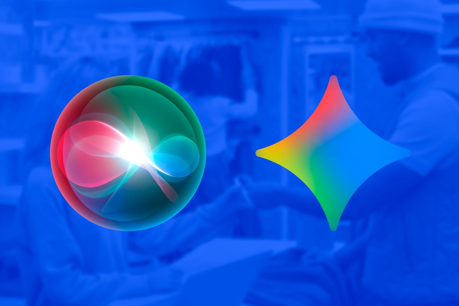 Siri orb and Google Gemini spark side by side over a blue-toned retail scene