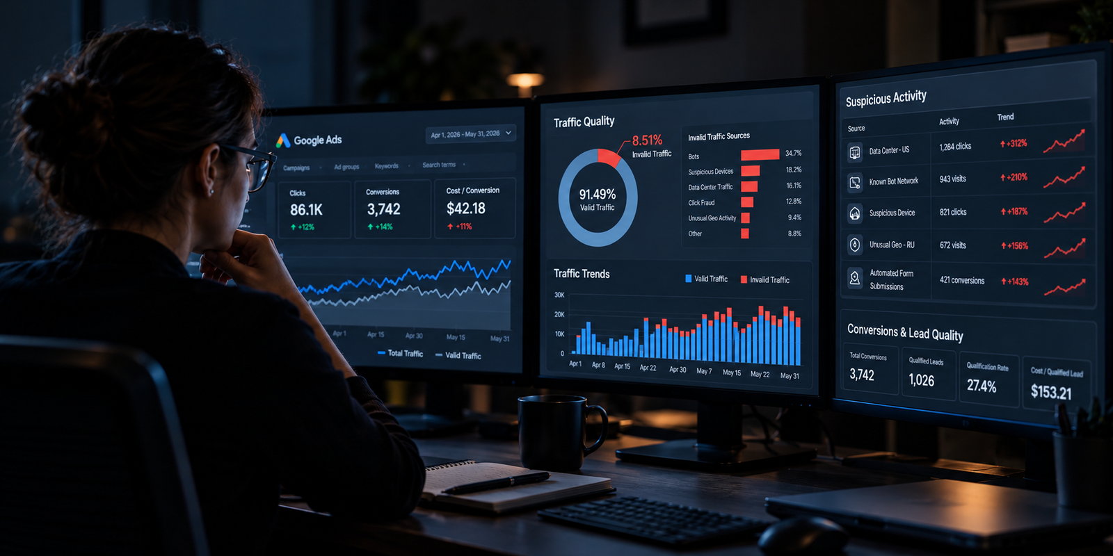 Analyst reviewing traffic quality and suspicious activity dashboards across three monitors, showing an 8.51% invalid traffic rate